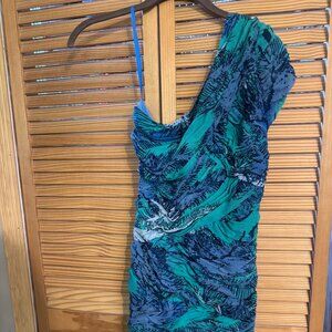 BCBGMAXAZRIA One Shoulder Ruched Bodycon Dress Blue Green Print Size S
